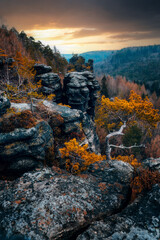 sunset over the mountains of Saxon Switzerland in Germany