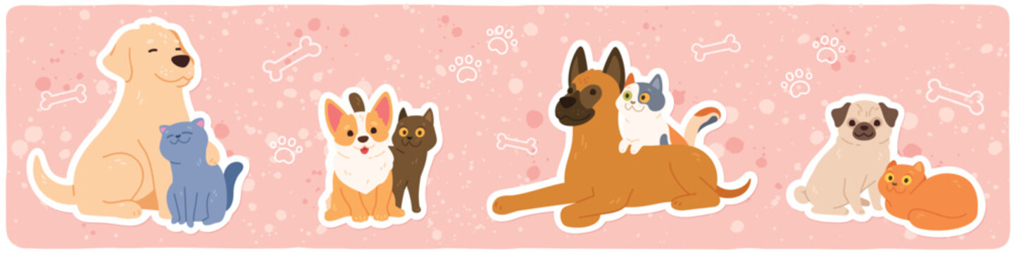 Cute cat and dog pets friends stickers set. Funny puppy, kitten domestic animals hugging, sitting together cartoon characters collection. Pets companions couples friendship flat vector illustration
