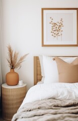 a wicker basket in a picture frame sitting down on bed, minimalist staging