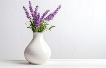 a white vase with lilas are sitting on top of a dresser table