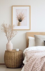 a wicker basket in a picture frame sitting down on bed, minimalist staging