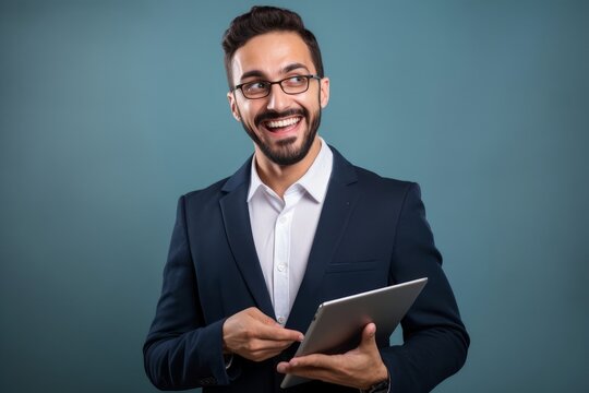 Confident businessman in formal suit holding tablet with surprise look for or advertising. Facial expression and gestures indicate excitement and amazement on an isolated background, Generative AI