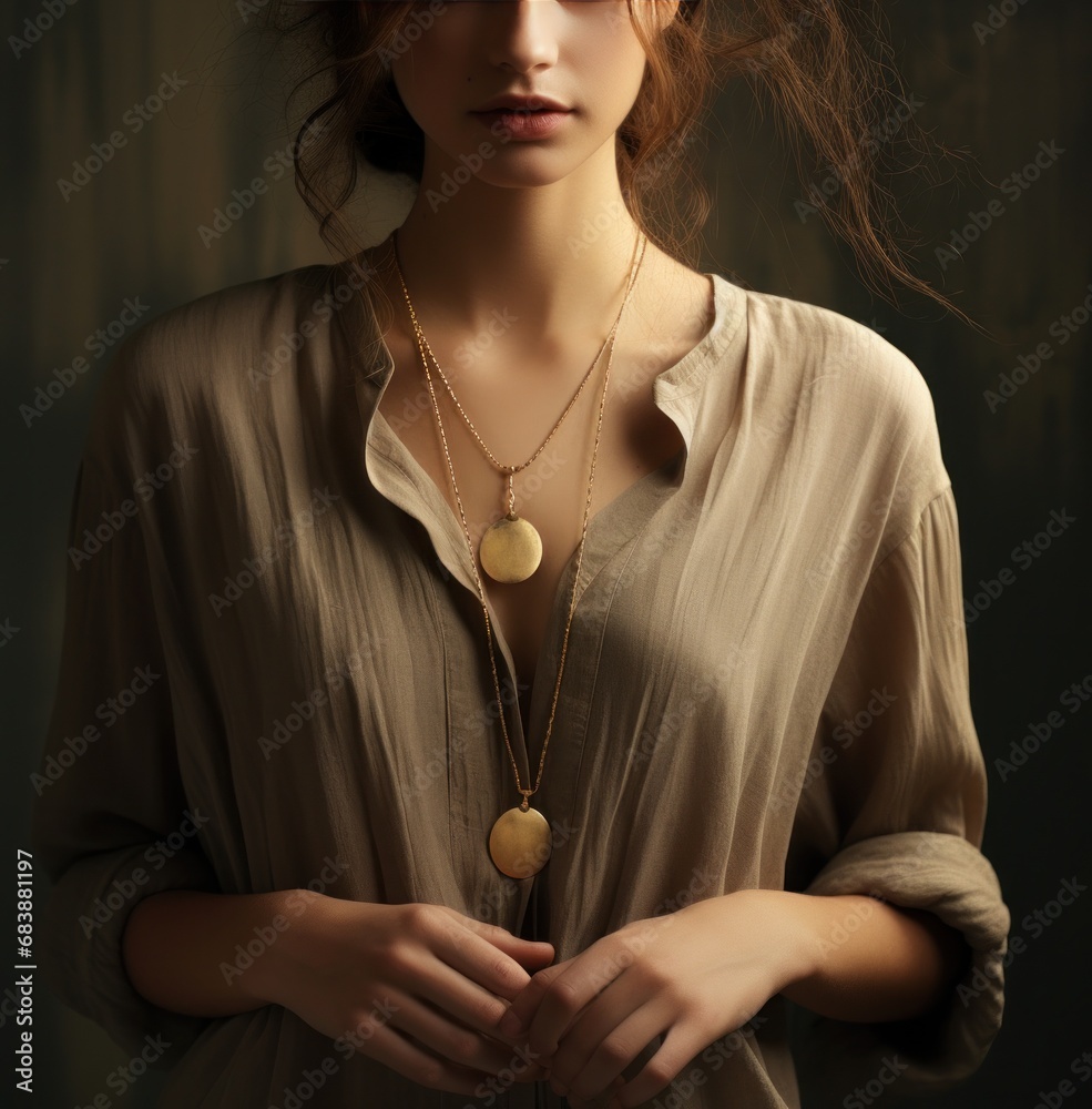 Canvas Prints a woman wearing a gold necklace and blouse,