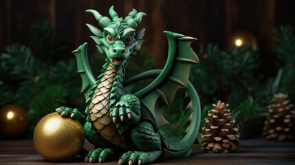 Chinese new year wooden green dragon near christmas tree and decorations