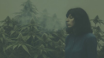 girl against the background of cannabis leaves, surrounded by morning haze, toned blurry image, - obrazy, fototapety, plakaty