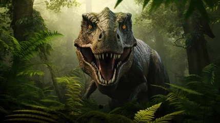 Zelfklevend Fotobehang Dinosaurus A fearsome dinosaur emerging from dense prehistoric foliage