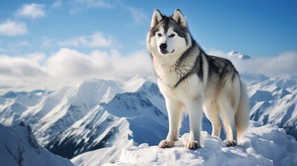 Naklejka premium A husky on a snowy mountain summit