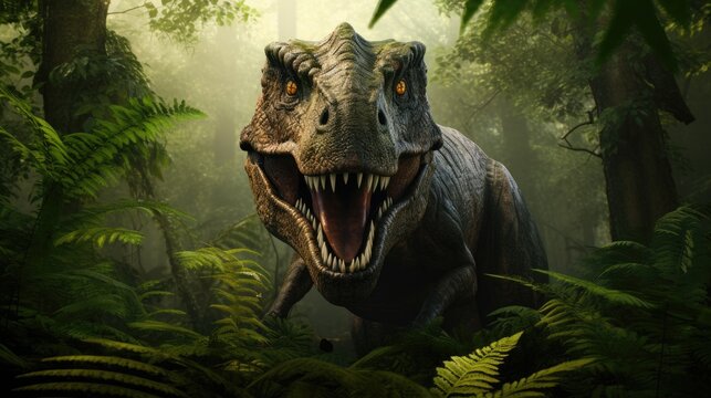 Fototapeta A fearsome dinosaur emerging from dense prehistoric foliage