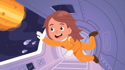 Astronaut girl kid floating inside spaceship. Cosmonaut child person flying in spacecraft cabin exploring planet in outer space. Futuristic ship interior, universe, technology flat vector illustration © iconicbestiary