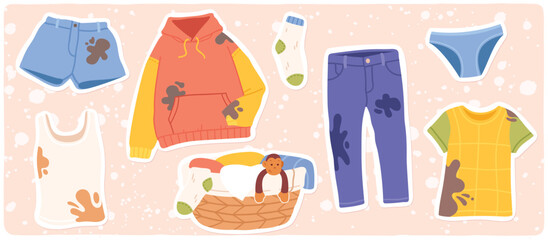 Dirty clothes with stains, laundry basket set. Hoodie, jeans, t-shirt, sock, shorts textile clothing with dirt. Garment washing, housework stickers cartoon collection flat vector illustration