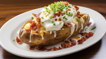 Obraz na płótnie Canvas An enticing display of a loaded baked potato adorned with butter, sour cream, chives, and a generous sprinkling of crispy bacon bits.