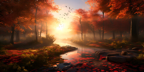 Fototapeta premium the Magic of Autumn Sunrise, Fairy forest in autumn. Fall woods. Enchanted tree,Beautiful sunrise in forest