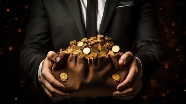 Businessman holding a bag filled with golden coins.