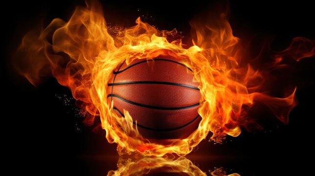 An eye-catching image of a basketball ball on fire,