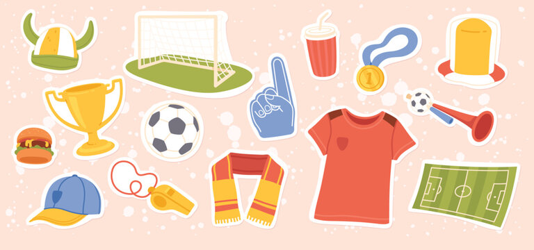Soccer game sport championship fan sticker set. Football field, team t-shirt, scarf, whistle, ball, goal, tournament cup, foam hand, trumpet, hat. Competition match attributes flat vector illustration