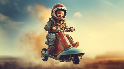 Kid on a bike with a jet pack At home, a child is playing. The concept of success, leader, and...