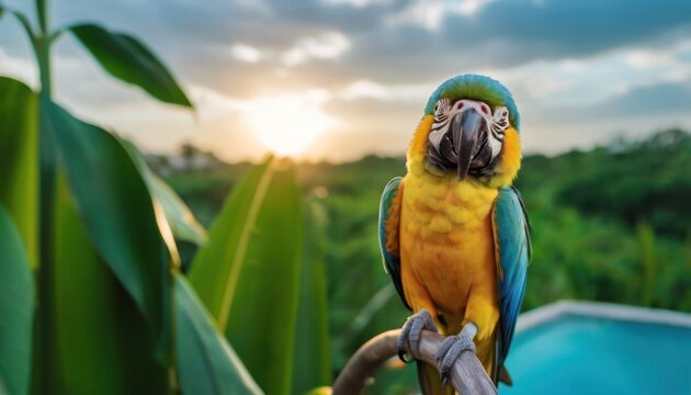  a blue and yellow parrot perched atop a tree branch next to a swimming pool, surrounded by lush green plants and trees, with a bright blue sky and fluffy white clou