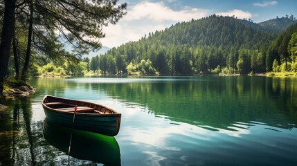 Lake landscape in the forest Lake view in spring Nature landscape in green lake boat on the lake in...