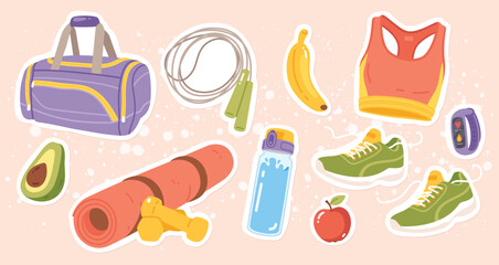 Healthy lifestyle, wellness accessories stickers set. Gym bag, sportswear, sneakers, fitness tracker, yoga mat, dumbbells, fruits food, water bottle. Sport, health background flat vector illustration 