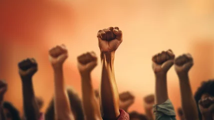 Fotobehang Diverse Interracial People raise hands up. African american Male Female fists. Black Lives Matter. Antiracism Equality concept. Activist people protest. Stop no racism. Active protesters fight freedom © Ellionn
