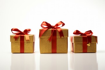 Sophisticated Gold gift boxes ribbon. Xmas present. Generate Ai