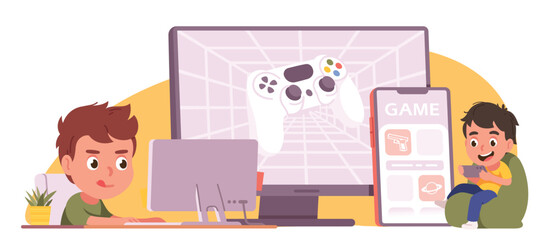 Cross-platform gaming on mobile phone, computer. Gamer boys kids persons playing video game together online on PC and smartphone cell device. Cross-platform play app concept flat vector illustration