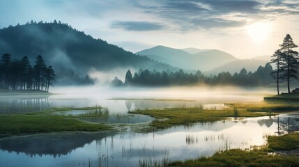 Fototapeta na wymiar Landscape of Lake in the summer morning when the sun shines down to the lake full of mist, the grass wipe the foreground beautiful beauty adorn the idyllic beauty in the highlands .