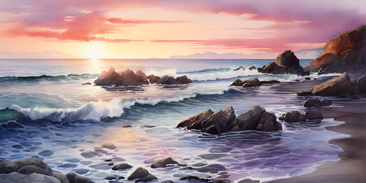Painting the Horizon ,A Sunset Over the Sea, Capturing Serenity, Seaside Scenery, Nature's Melody: Waves Lapping Against the Shore, The Stormy Ocean images Generative AI