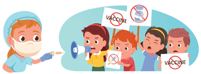 Fototapeta premium Vaccination skeptics. Anti-vax protest. Antivaxer people group, anti-vaccination activists protesting signs to stop vaccine shots. Corona virus disease social issue problem concept vector illustration