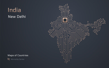 India Bharat Map with a capital of New Delhi Shown in a Microchip Pattern. E-government. World Countries vector maps. Microchip Series
