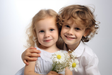 Obraz na płótnie Canvas Cute Boy Embracing His Little Sister Holding Flowers Against a White Background - Heartwarming Sibling Affection Captured in a Tender Moment