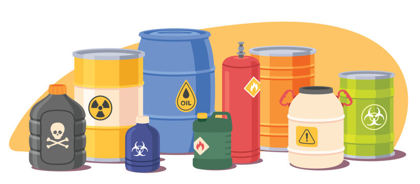 Hazard toxic chemical substances in containers. Different liquids, oil tank, dangerous radioactive, flammable, poisonous substances with biohazard, skull warning safety signs. Flat vector illustration