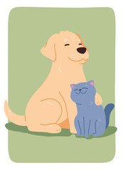 Cute cat and dog pet friends sitting together. Funny Labrador retriever doggy embracing domestic kitten animal with paw sticker. Companion couple friendship cartoon characters flat vector illustration