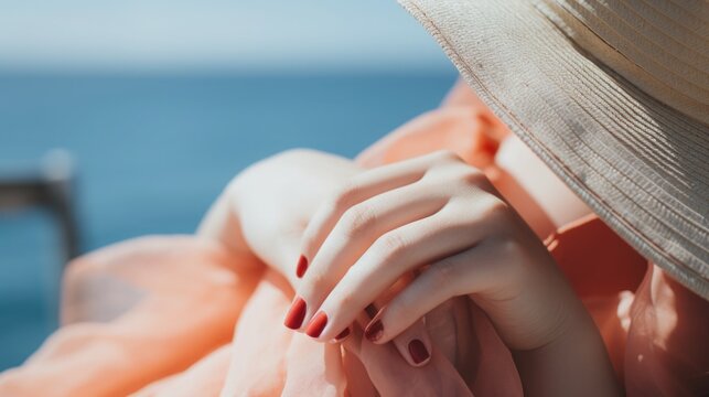 Close-up of a woman's hands painted with coral nail polish, holding a sunhat with a cerulean blue ribbon, the sea shimmering behind. Peach fuzz color