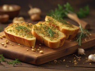 Golden garlic bread garnished with herbs on a rustic wooden board.