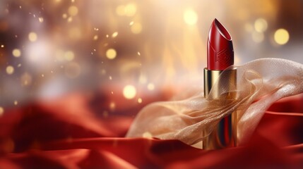 Lipstick on a fluttering gold fabric background Cosmetics in the tube, bottle, style, makeup, lips, beauty, make-up, and facials . - obrazy, fototapety, plakaty