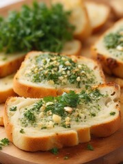closeup of grilled garlic bread with garlic and parsley topping