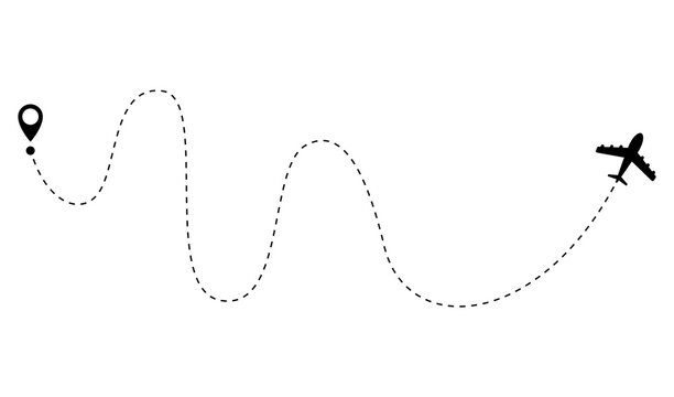 Airplane dotted route line. Path travel line shape. Flight route with start point and dash line trace for plane isolated illustration