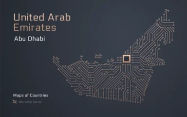 Foto op Plexiglas United Arab Emirates, Map with a capital of Abu Dhabi Shown in a Microchip Pattern. E-government. World Countries vector maps. Microchip Series © Владимир Тюрин