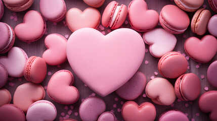 Composition with decorated heart shaped cookies  on pink background, top view. Valentine's day - obrazy, fototapety, plakaty