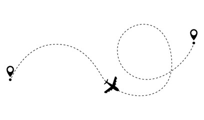 Airplane dotted route line. Path travel line shape. Flight route with start point and dash line trace for plane isolated illustration - obrazy, fototapety, plakaty
