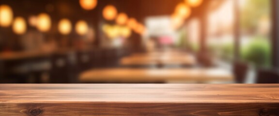 The empty wooden table top with blur background of cafe, Generative AI