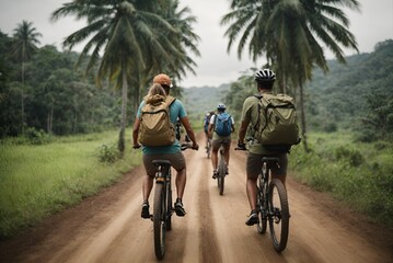 Group of cyclists explore a tropical forest on a dirt road, Team of friends cycling on a road in a dense forest surrounded by palm trees and greenery - obrazy, fototapety, plakaty