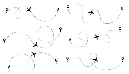 Airplane dotted route line set. Path travel line shapes. Flight route with start point and dash line trace for plane isolated illustration - obrazy, fototapety, plakaty
