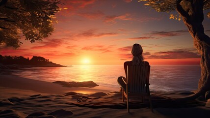 Obraz premium Visualize a beach scene at sunrise or sunset, with a person sitting on a beach towel, feeling the warmth of the sun and the gentle touch of sea breeze, emphasizing the tranquility of the beach
