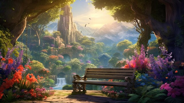 An image of a lush botanical garden with exotic plants and vibrant blooms, where someone sits on a garden bench, immersing themselves in the beauty of nature