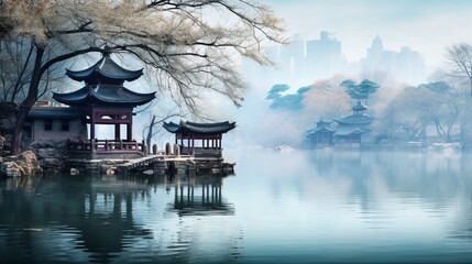 Obraz premium The reflections on the lake's surface seemed like mirrors to another world, where the boundary between reality and its ethereal echo blurred 