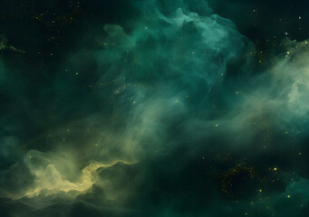 Fototapeta na wymiar Design of horizontal banner with copy space for text. Abstract green, emerald and gold particle watercolor paint clouds. Vibrant powder exploding dark background. Liquid textured backdrop poster. 