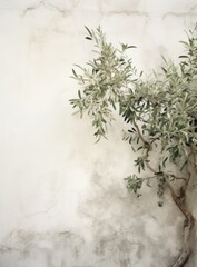 an olive tree in front of a white wall,