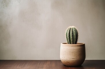 cactus in neutral toned cement pot, on wooden table